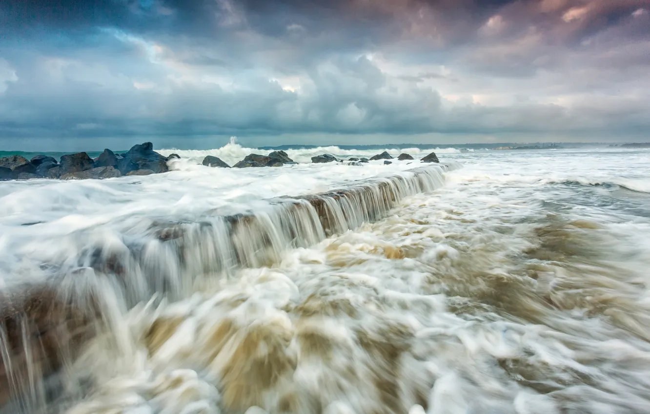 Photo wallpaper sea, wave, the sky, squirt, clouds, storm, rocks, shore