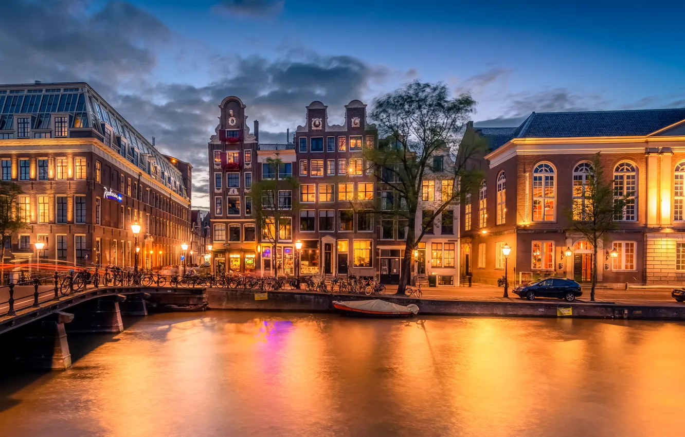 Photo wallpaper machine, the sky, clouds, trees, bridge, bike, lights, river