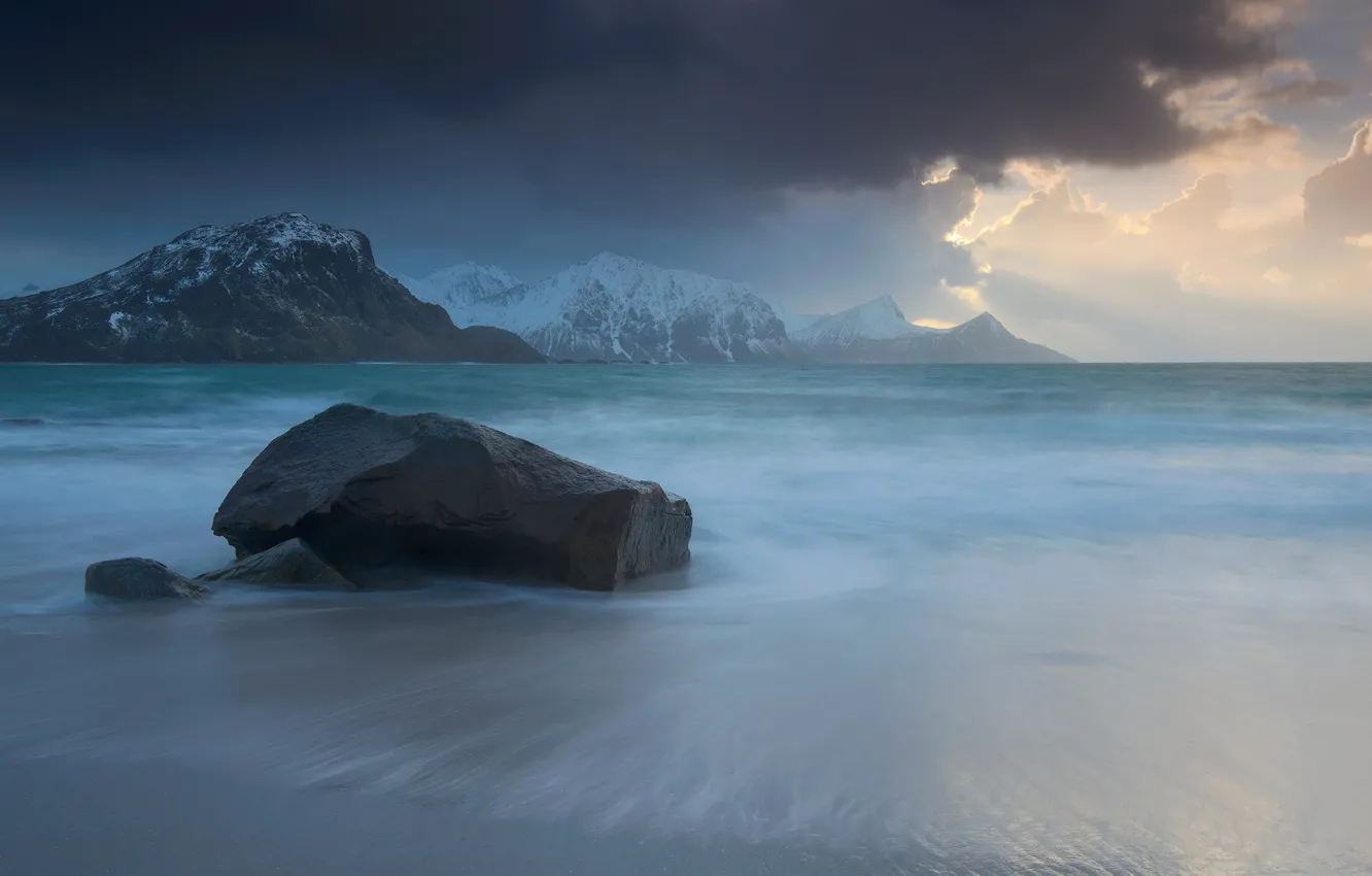 Photo wallpaper the sky, clouds, light, snow, mountains, clouds, nature, stones