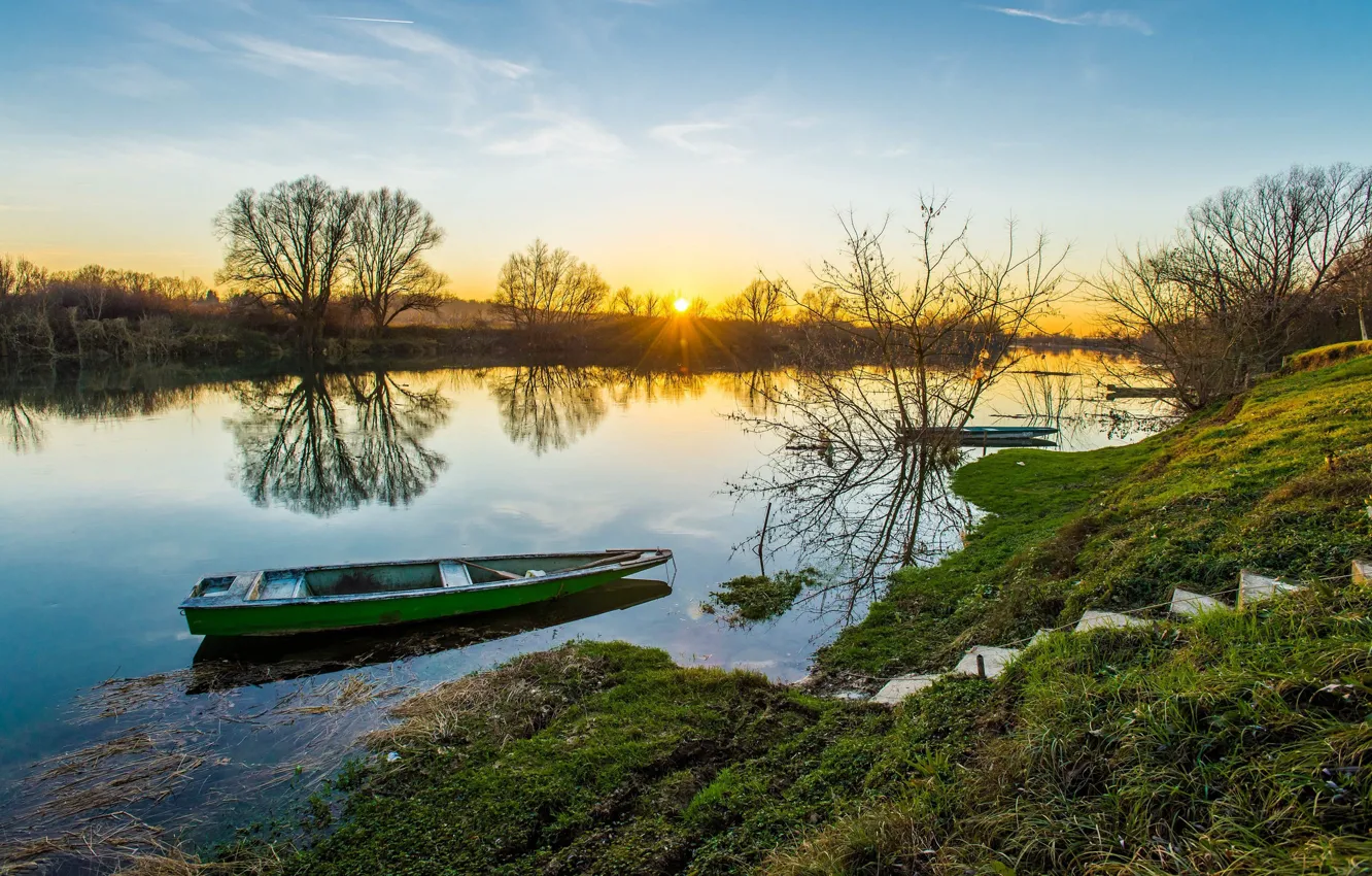 Photo wallpaper sunset, river, boat, Croatia, Kupa
