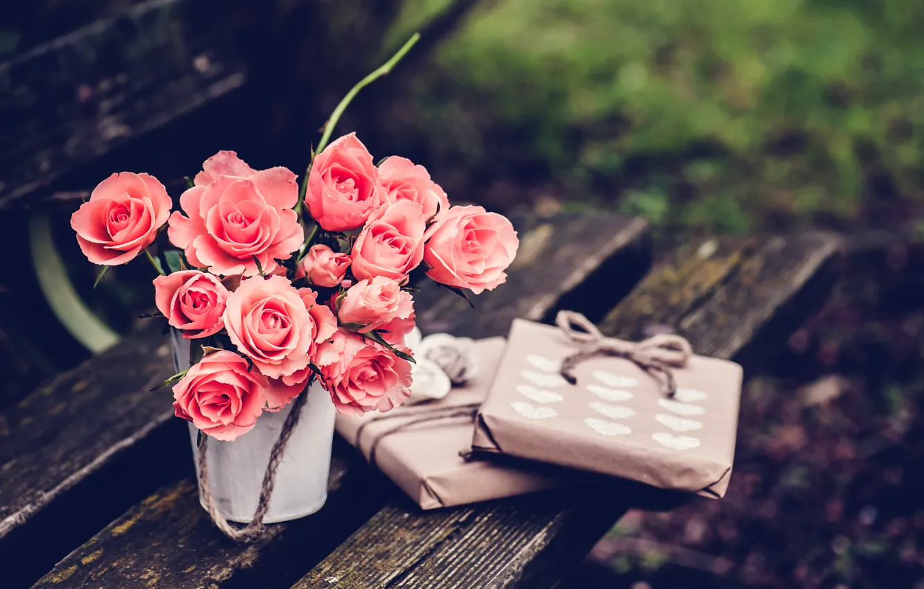 Photo wallpaper flowers, bench, roses, shop, gifts, shop, pink, bench