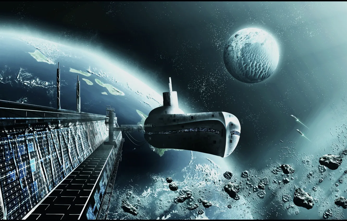 Photo wallpaper spaceship, planets, spaceport