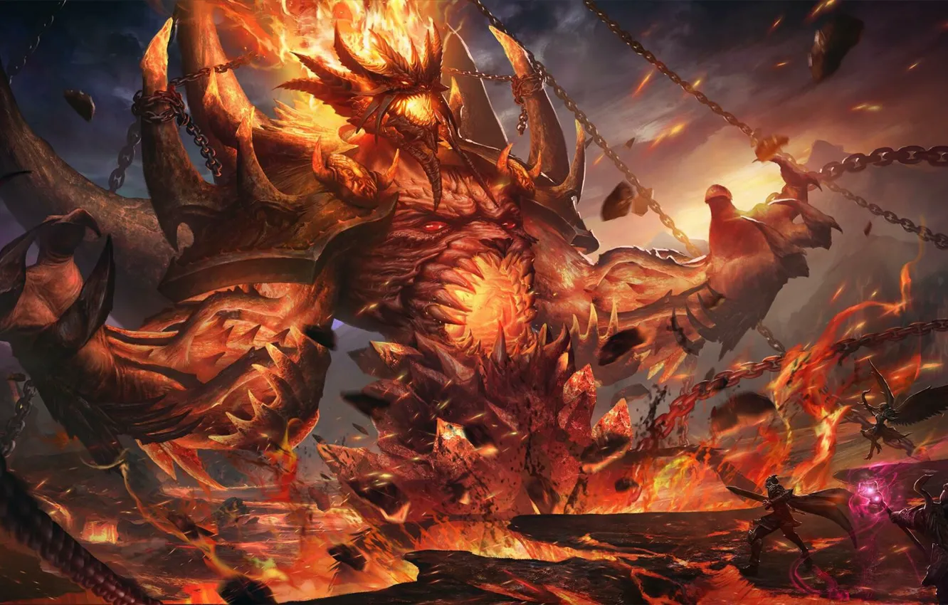Photo wallpaper Fire, Monster, Chain, Style, Battle, Chain, Flame, The demon