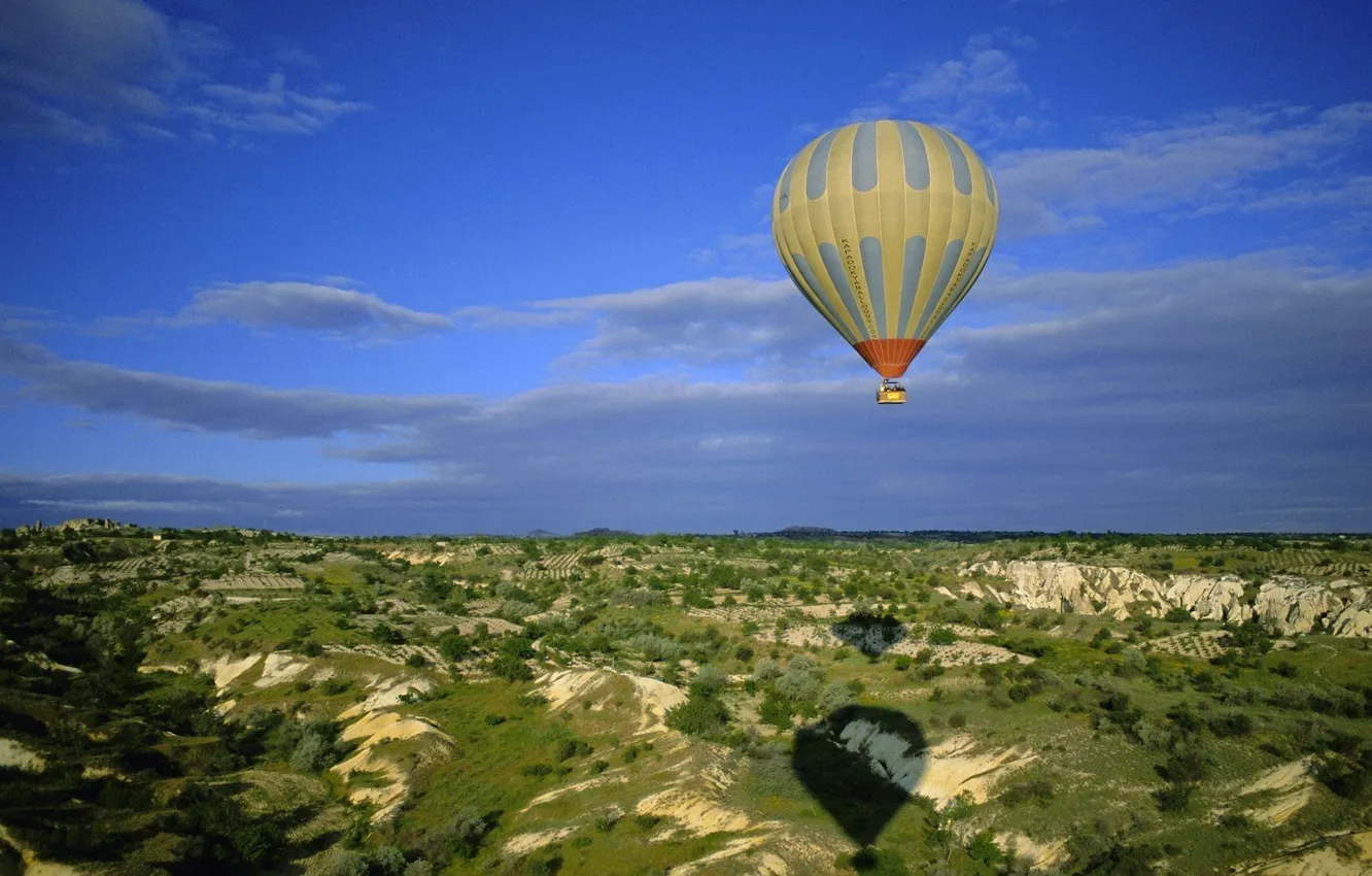 Photo wallpaper the sky, flight, balloon, hills