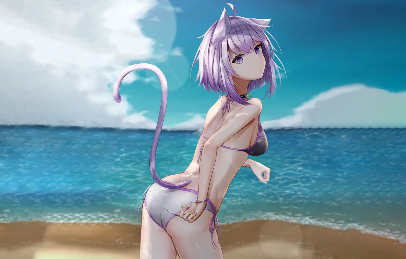 Photo wallpaper girl, sexy, beach, sea, boobs, animal ears, anime, water