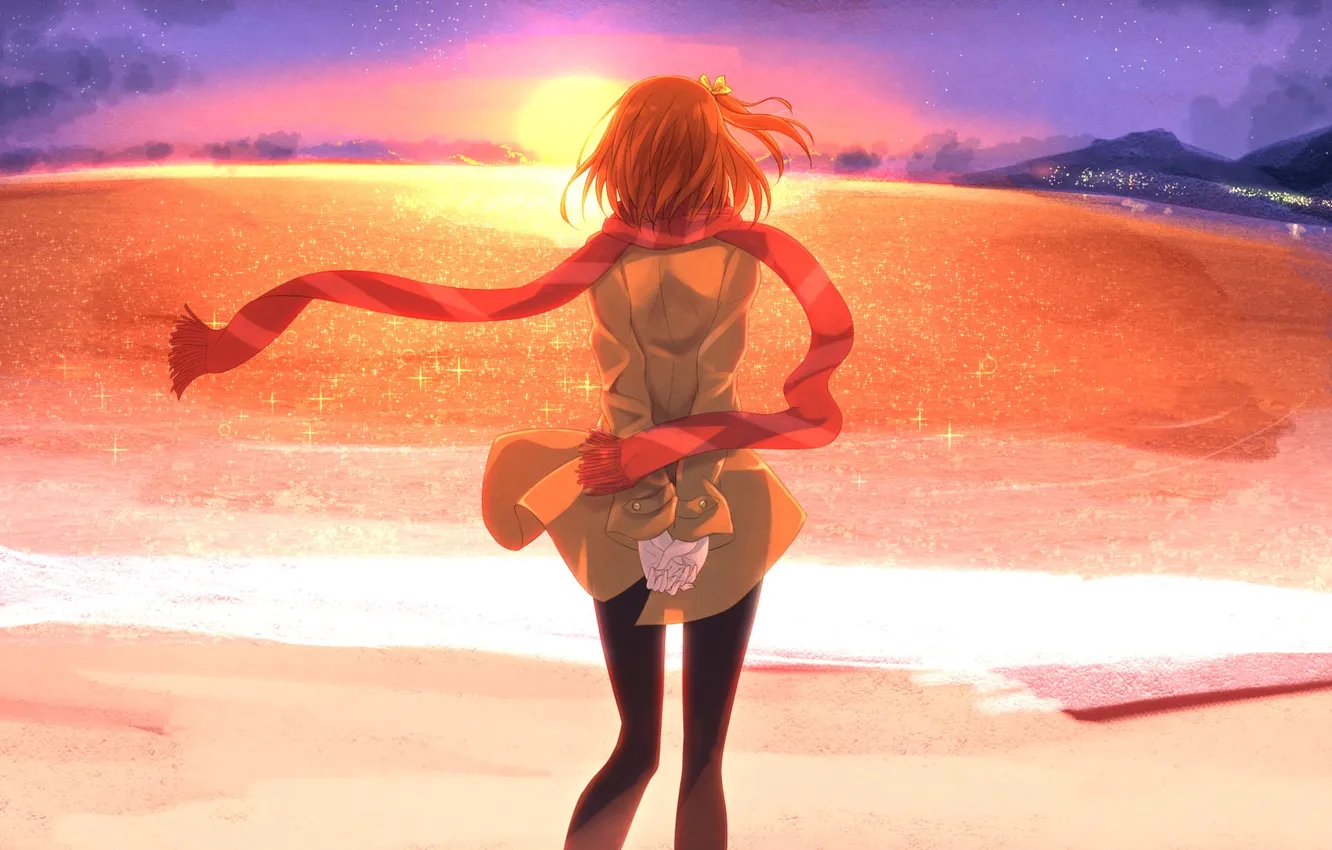 Photo wallpaper sea, beach, girl, the sun, sunset, mountains, the wind, back