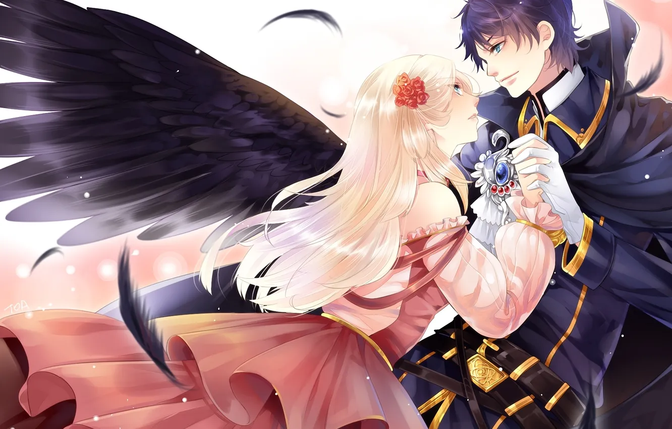 Photo wallpaper girl, wings, feathers, art, pair, guy, tooaya