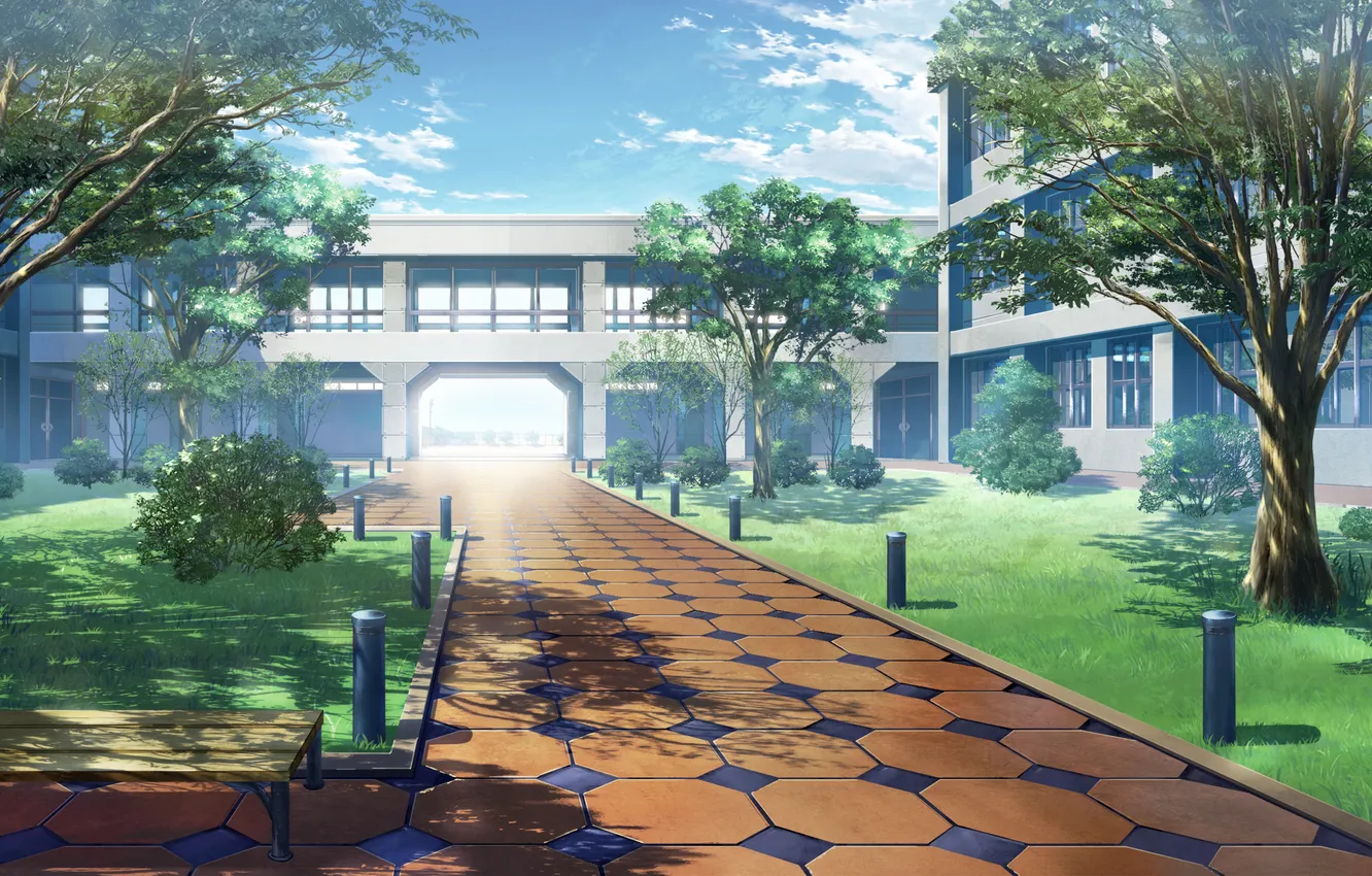 Photo wallpaper trees, bench, Park, building, anime, art, track, scenery