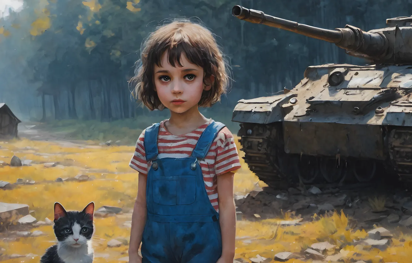 Photo wallpaper sadness, forest, cat, cat, look, nature, children, war