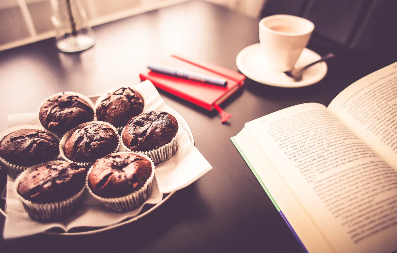 Photo wallpaper Breakfast, mug, Cup, book, cakes, cupcakes