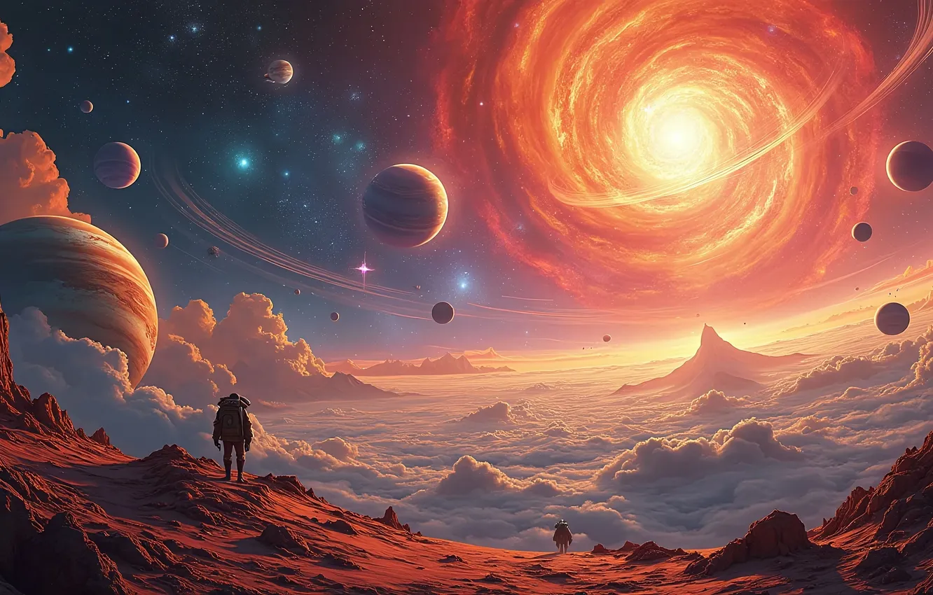 Photo wallpaper space, clouds, mountains, landscape, people, planet, galaxy