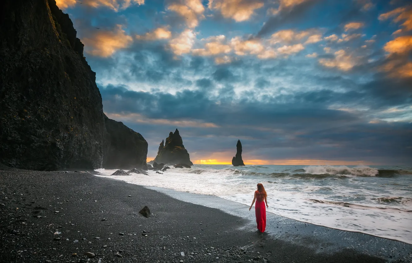 Photo wallpaper sea, beach, the sky, girl, clouds, rocks, shore, surf