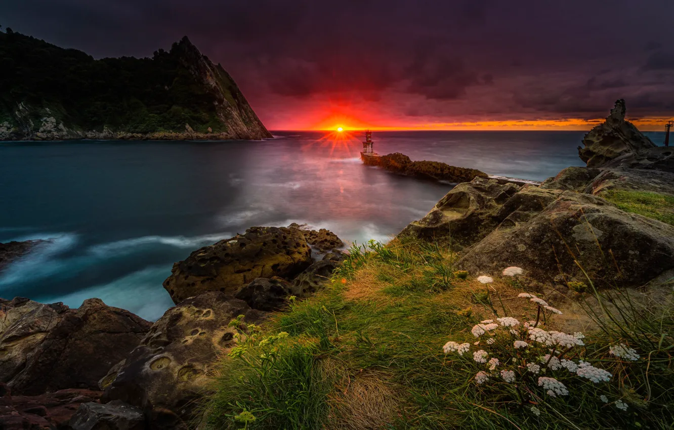 Photo wallpaper sea, sunset, rocks, coast