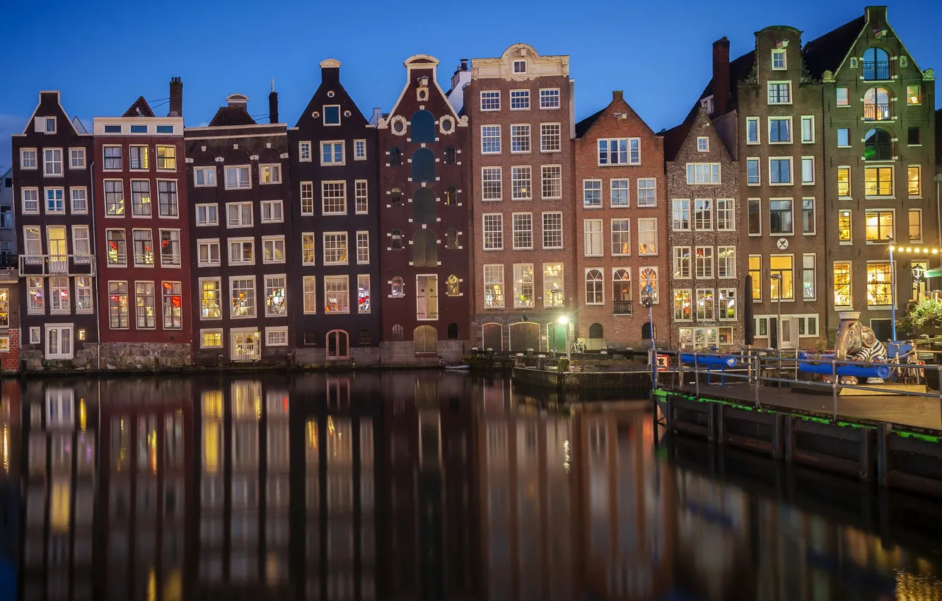 Photo wallpaper water, design, lights, Windows, home, the evening, pier, Amsterdam