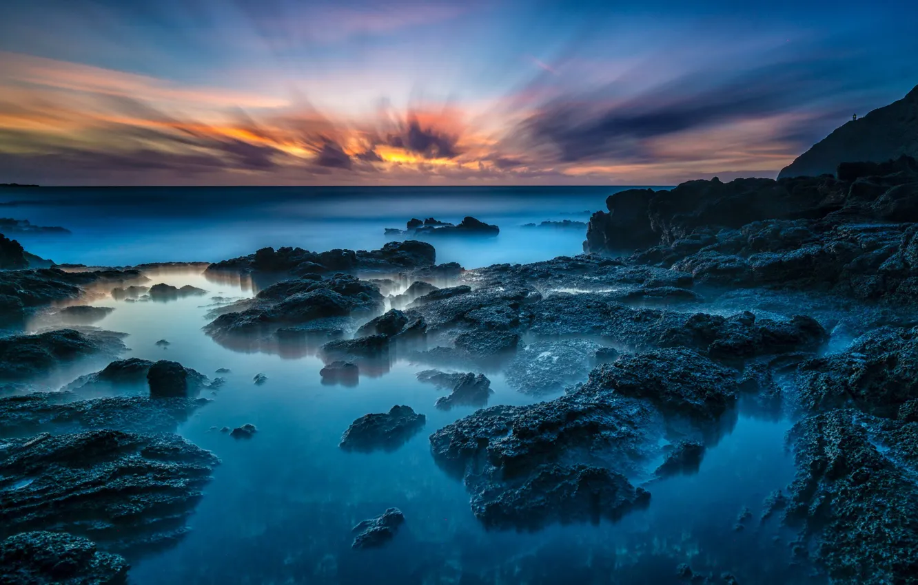 Photo wallpaper the sky, sunset, tropics, stones, the ocean, coast, horizon, Hawaii