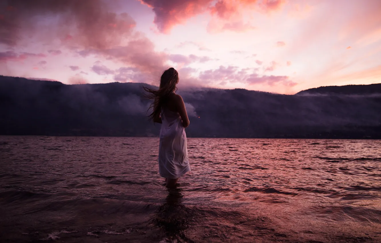 Photo wallpaper wave, girl, sunset, mountains, pose, fog, loneliness, mood