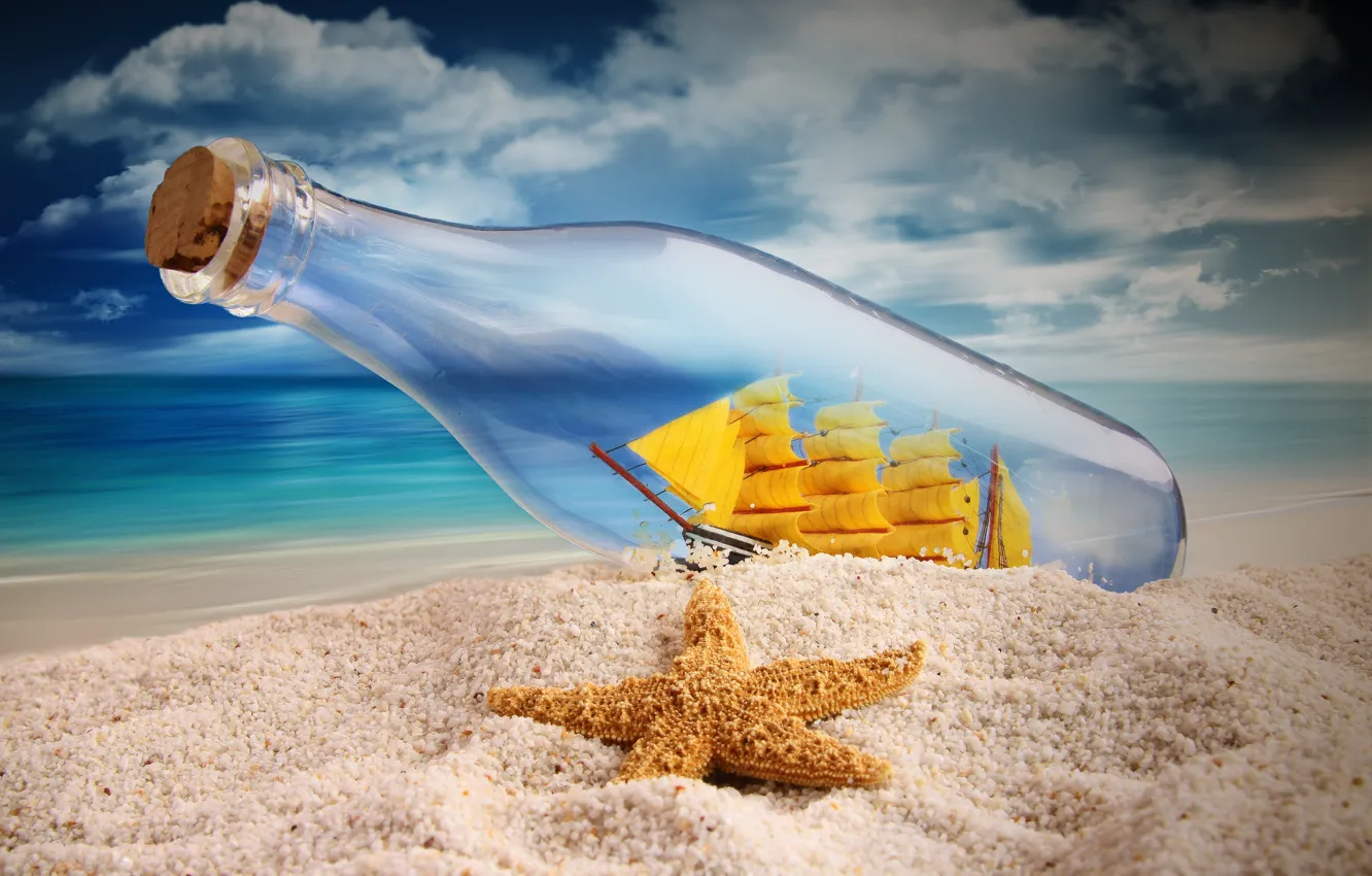 Photo wallpaper sand, sea, the sky, ship, bottle, sails, starfish