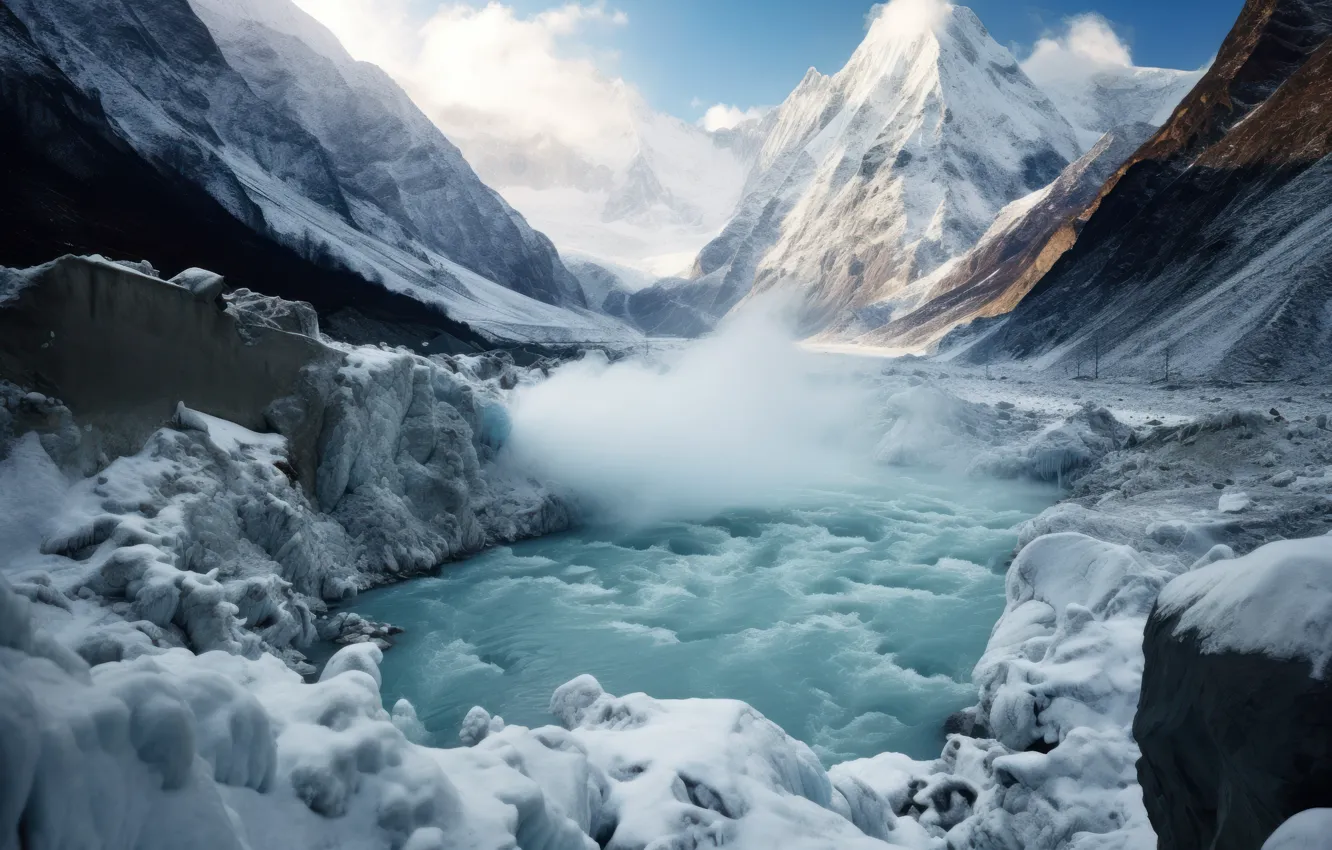 Photo wallpaper ice, winter, the sky, snow, landscape, mountains, nature, fog