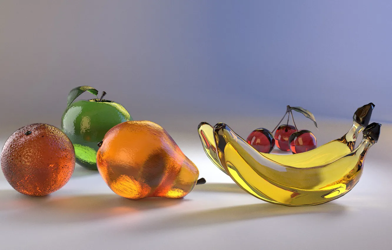Photo wallpaper glass, cherry, apples, apple, orange, bananas, glass, pear