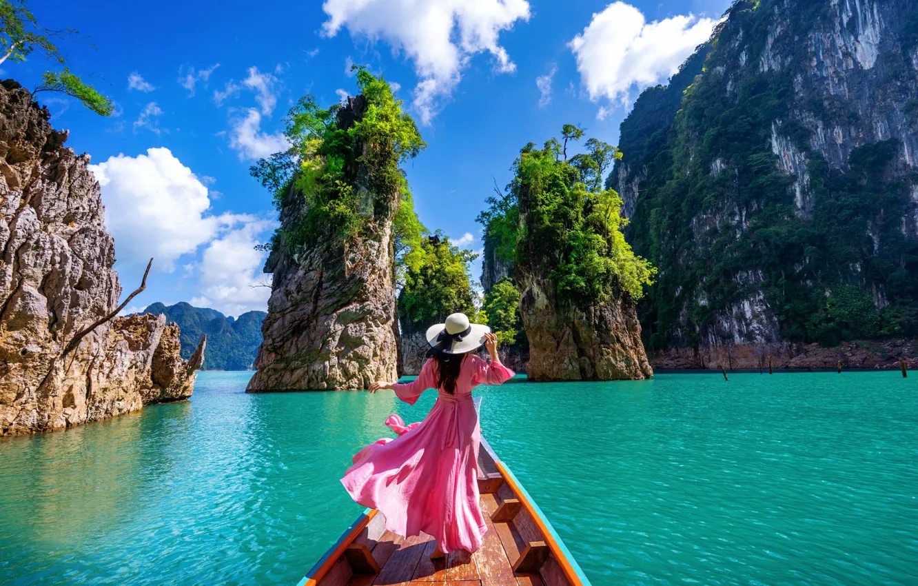 Photo wallpaper sea, girl, landscape, nature, rocks, boat, Thailand, Bay