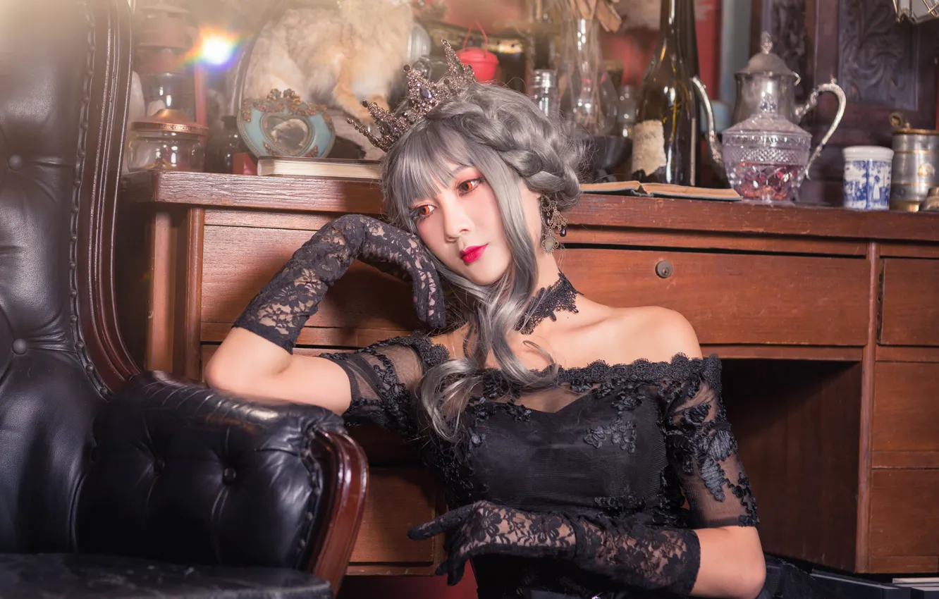 Photo wallpaper look, girl, pose, style, table, room, Gothic, black