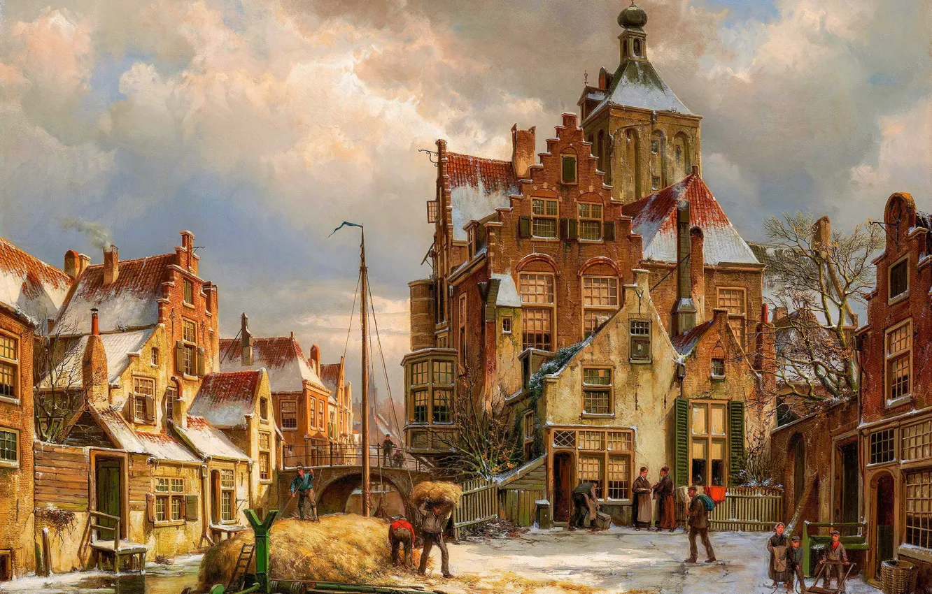 Photo wallpaper Home, Street, People, Picture, Willem Koekkoek, Willem Koekkoek, Dutch painter, Winter street scene in Kulemborg