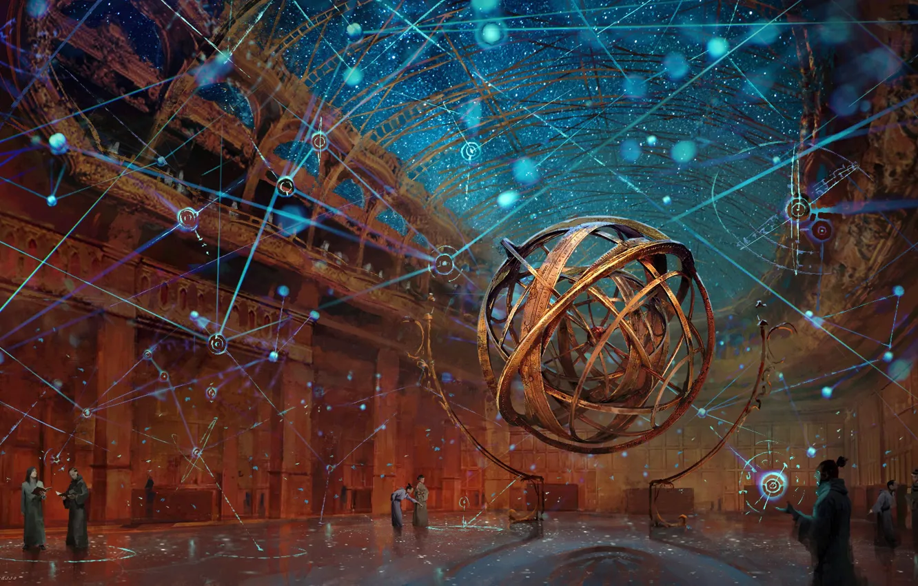 Photo wallpaper fantasy, stars, people, map, digital art, artwork, wizard, fantasy art