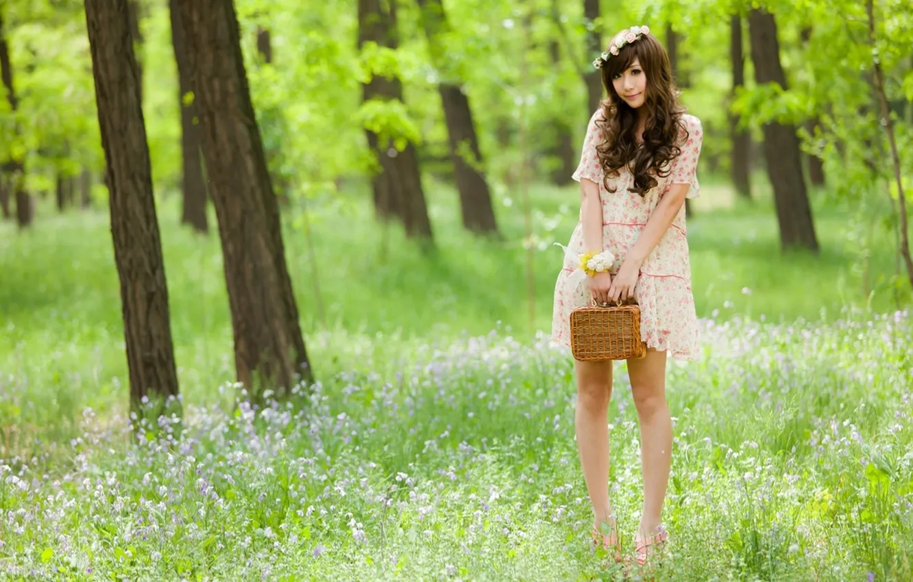 Wallpaper girl, trees, green grass, dress, girl, Asian, wreath, asian