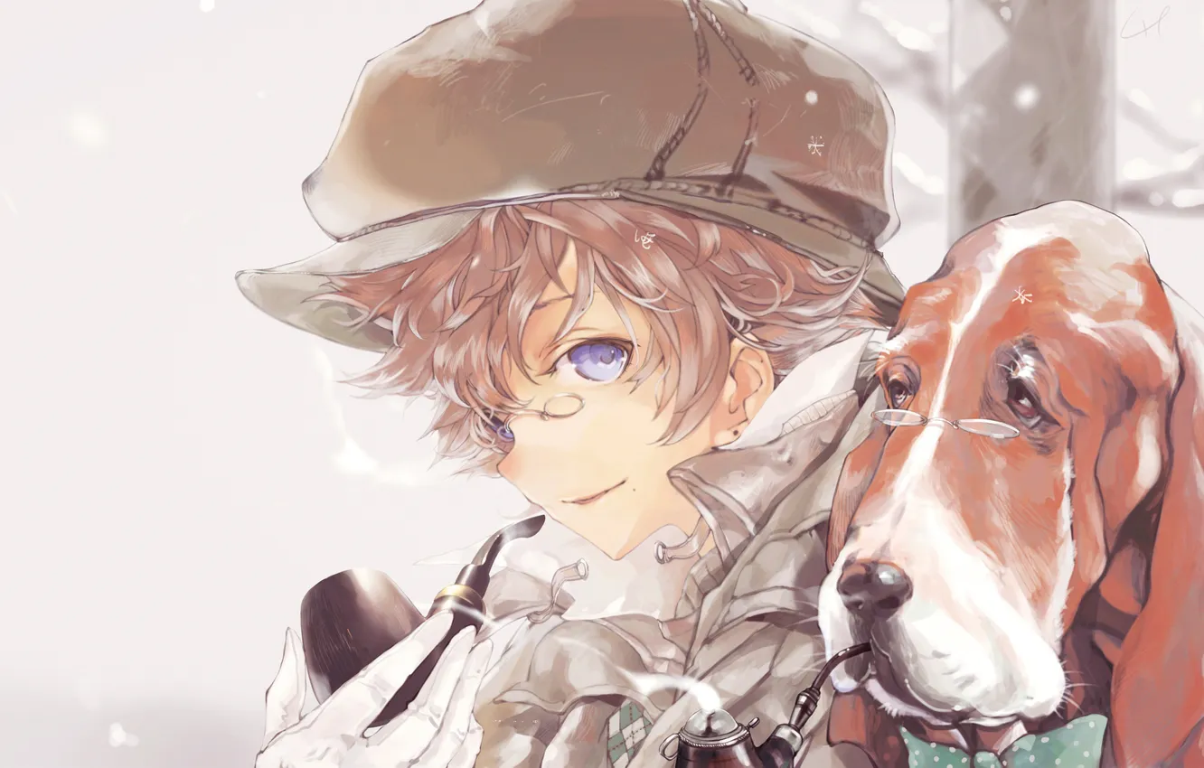 Photo wallpaper tube, dog, art, glasses, cap, guy, Sherlock Holmes, hai p