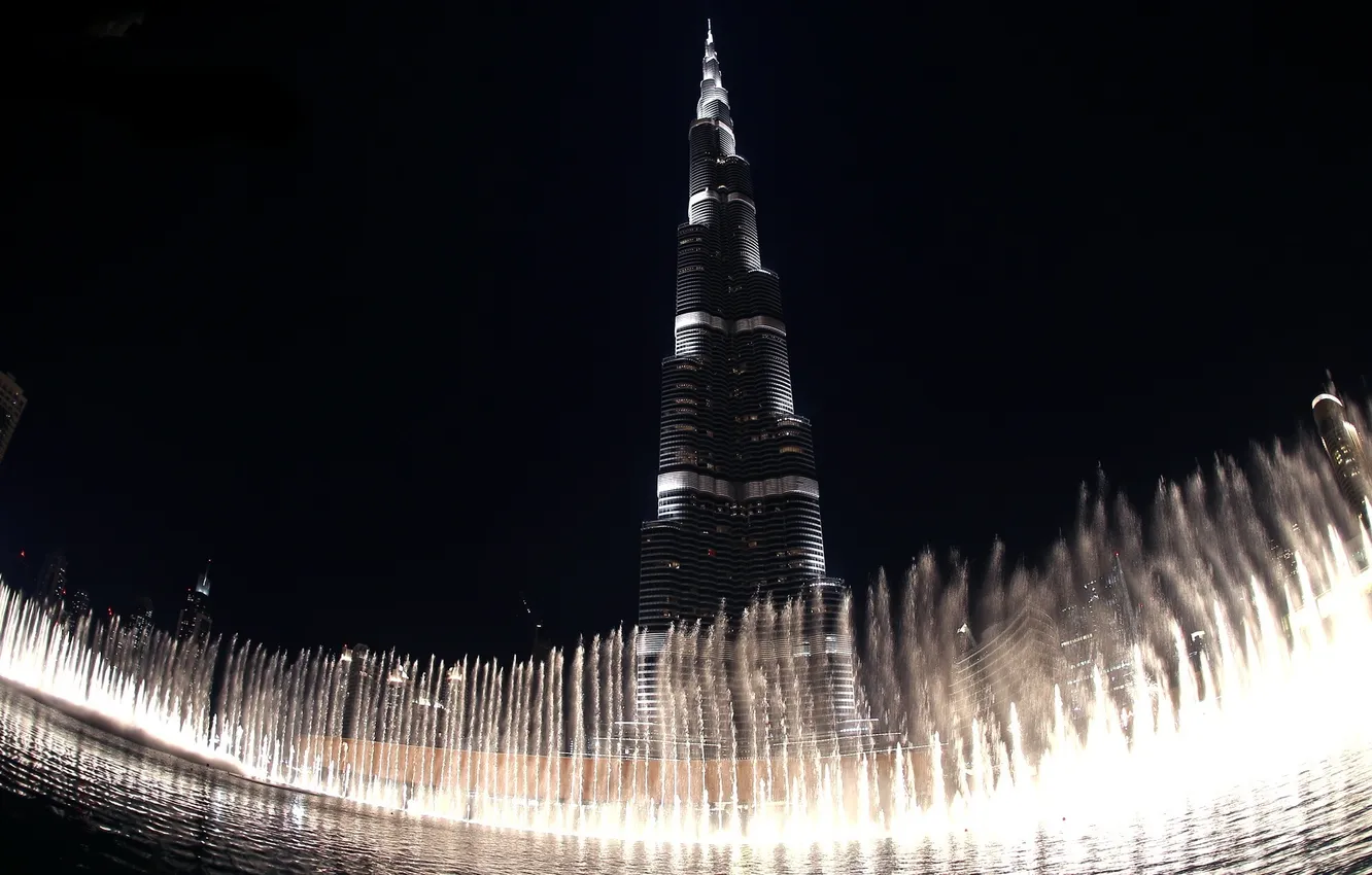 Photo wallpaper night, skyscraper, fountain, Dubai, Dubai, night, Burj Khalifa, fountain