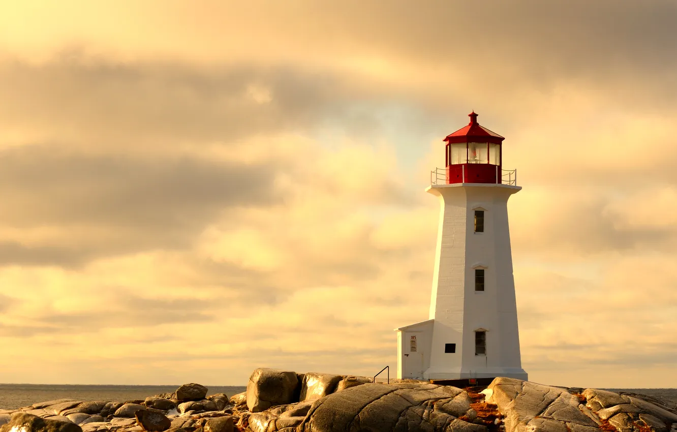 Photo wallpaper sea, the sky, clouds, stones, coast, lighthouse, horizon