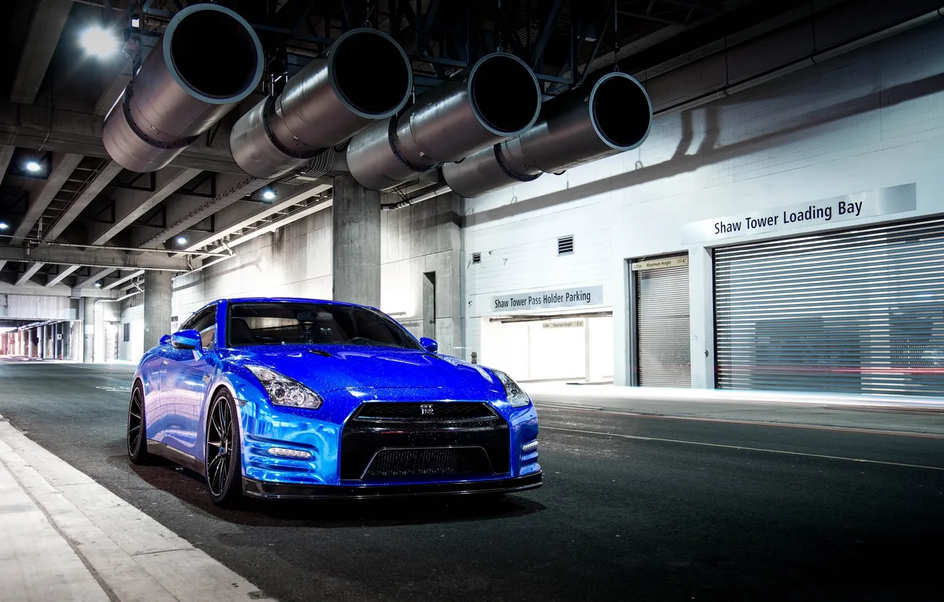 Photo wallpaper blue, building, window, Nissan, GT-R, Nissan, blue, blinds