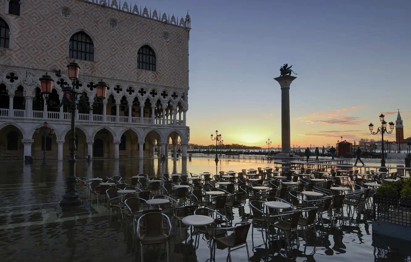 Photo wallpaper reflection, dawn, morning, Italy, Venice, the Doge's Palace, bazetta