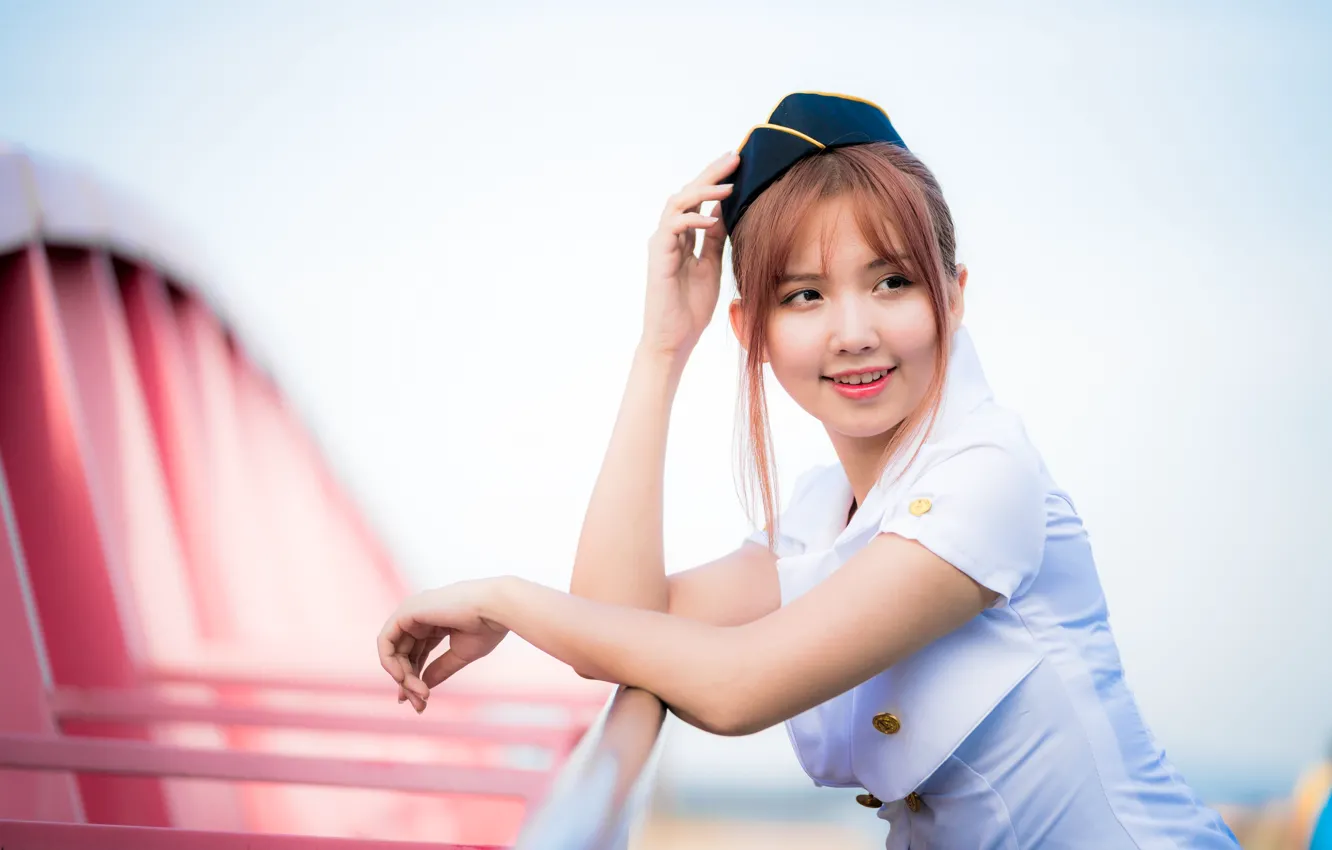 Photo wallpaper girl, Asian, cutie, uniform, bokeh, stewardess