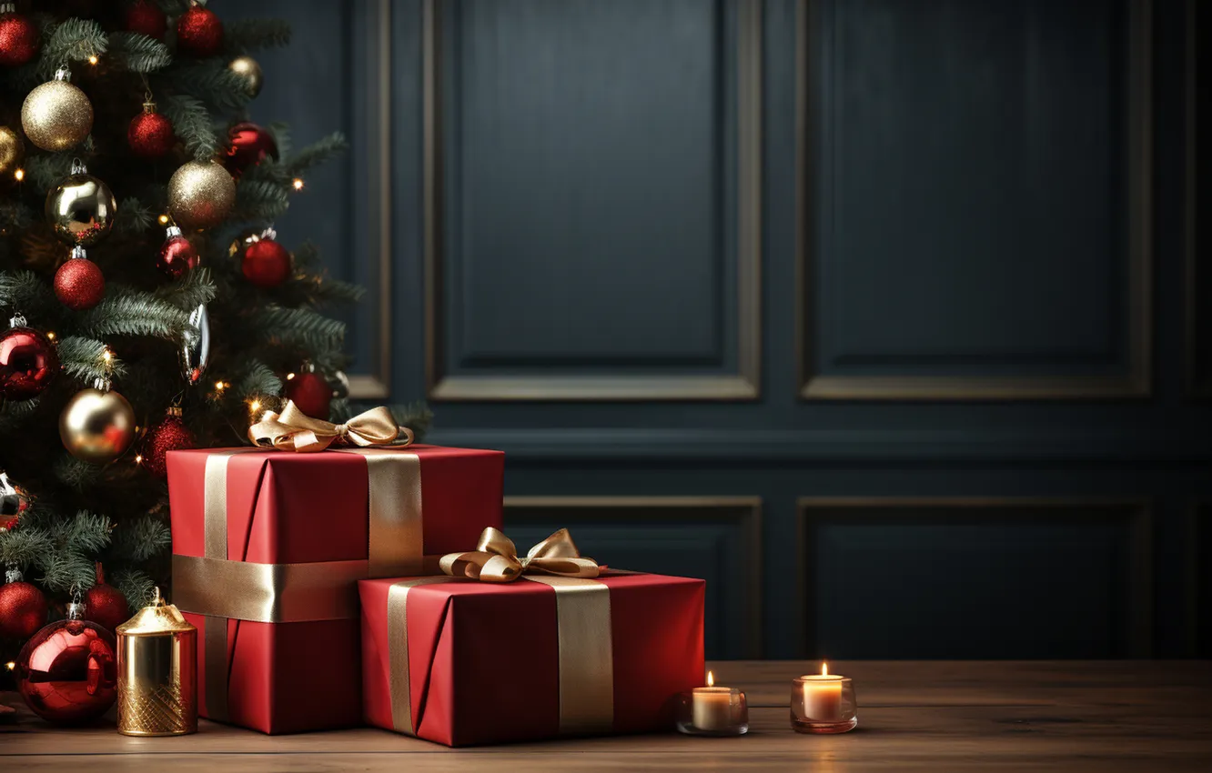 Photo wallpaper gift, tree, new year, Christmas, Christmas, tree, decoration, Gift Boxes