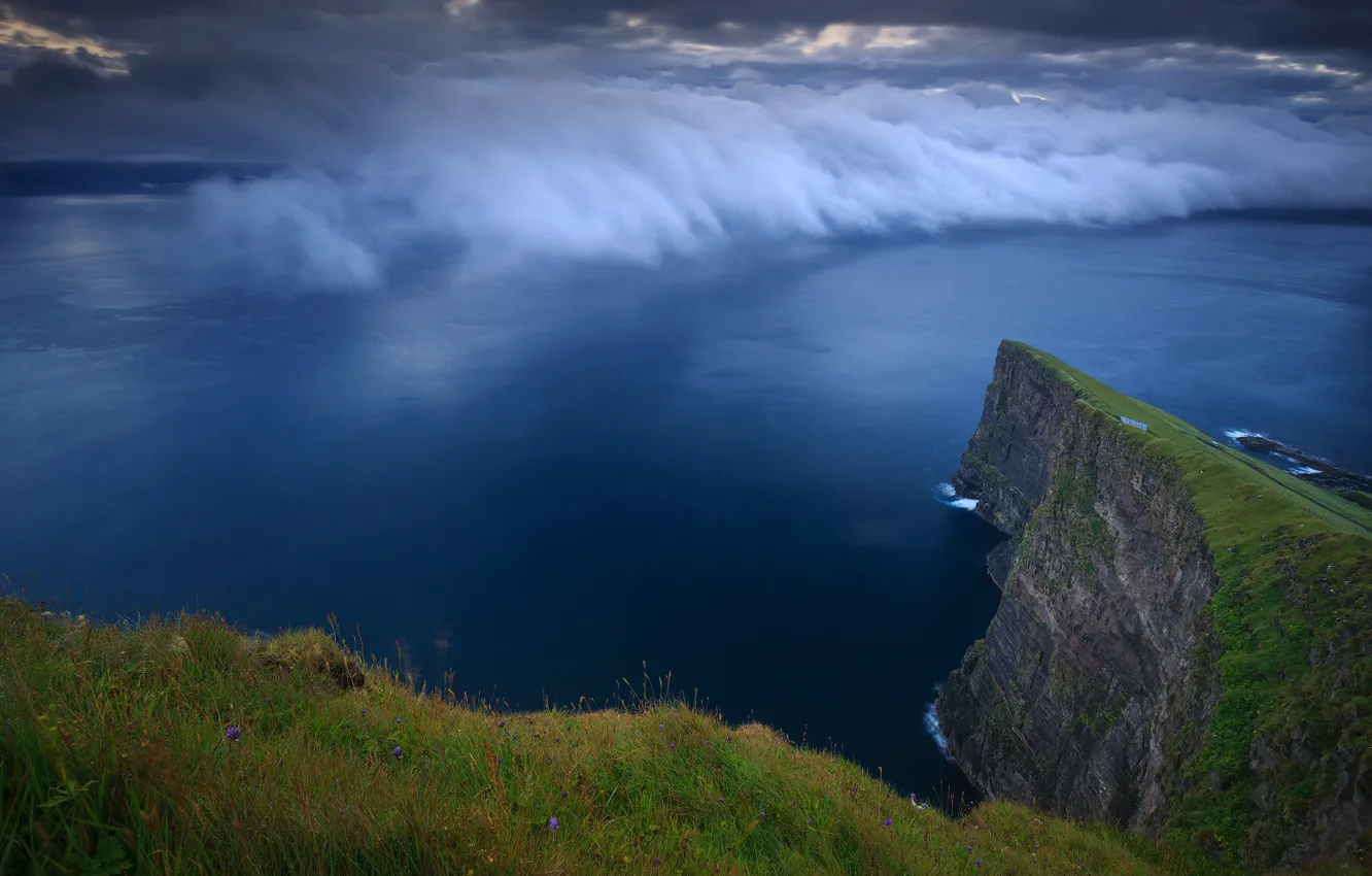 Photo wallpaper clouds, landscape, clouds, nature, the ocean, rocks, Faroe Islands, The Faroe Islands