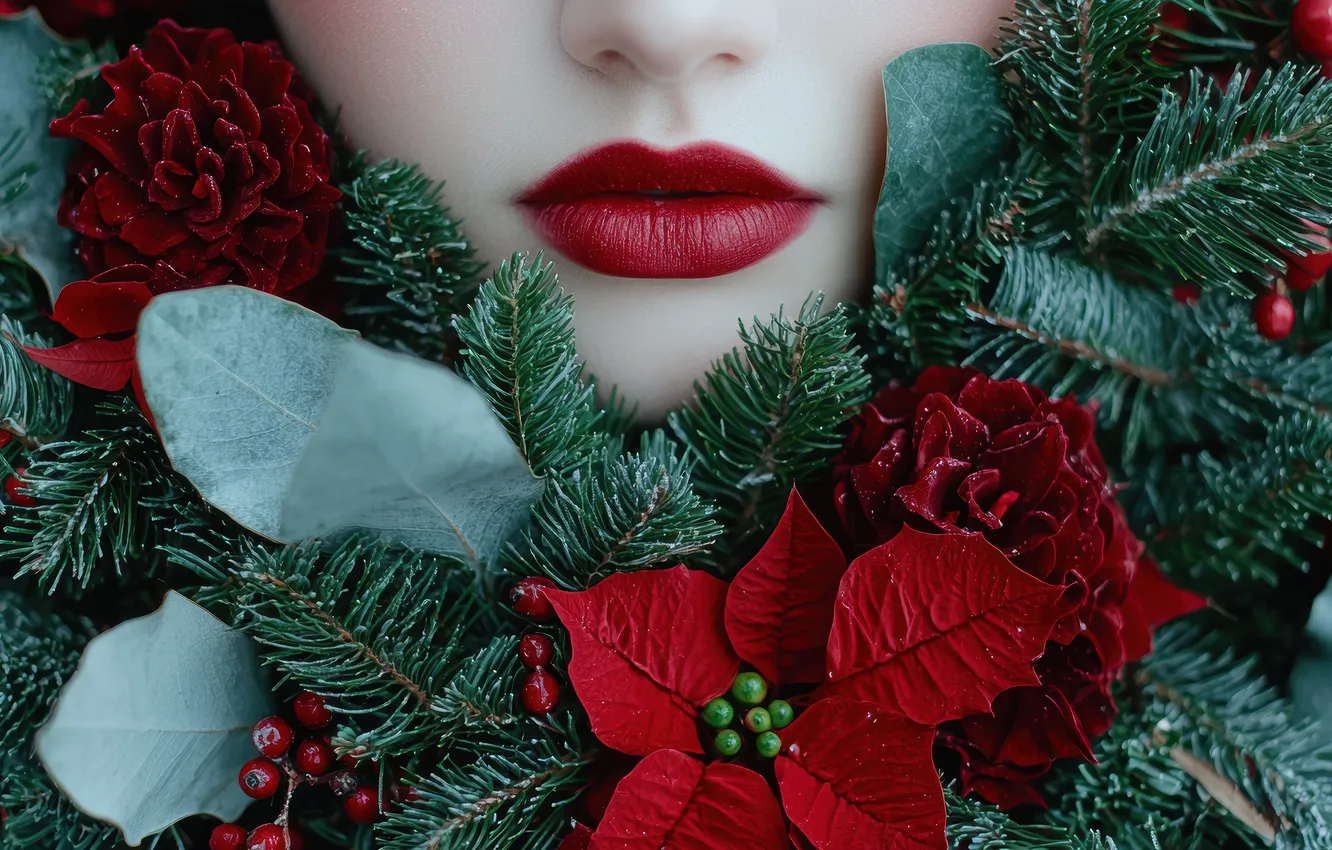 Photo wallpaper leaves, girl, flowers, branches, red, face, new year, bouquet