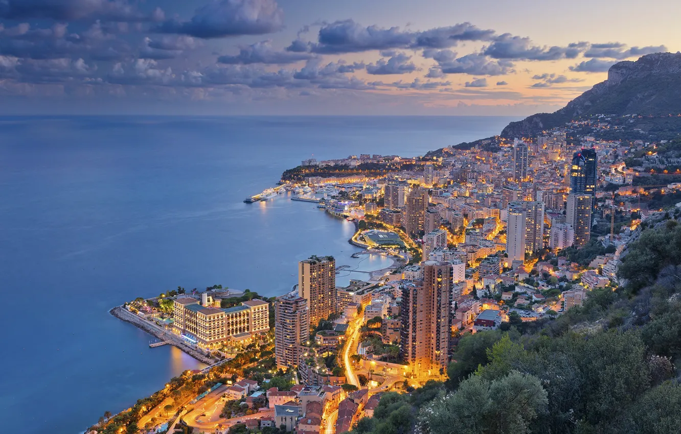 Photo wallpaper sea, coast, panorama, night city, Monaco, The Ligurian sea, Monaco, Monte Carlo