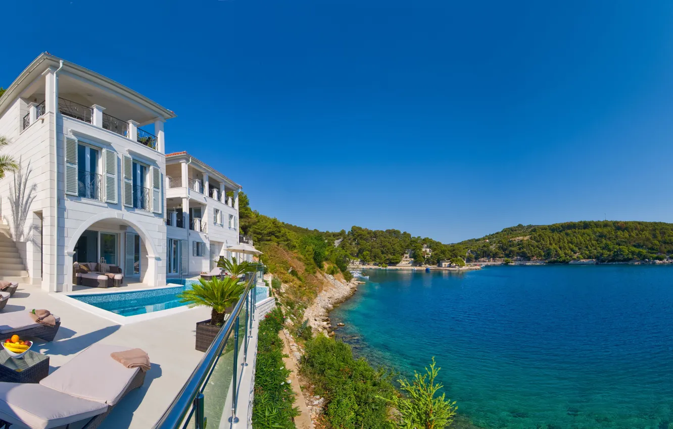 Photo wallpaper sea, shore, Villa, pool, architecture, Croatia, Brac, Brac Island