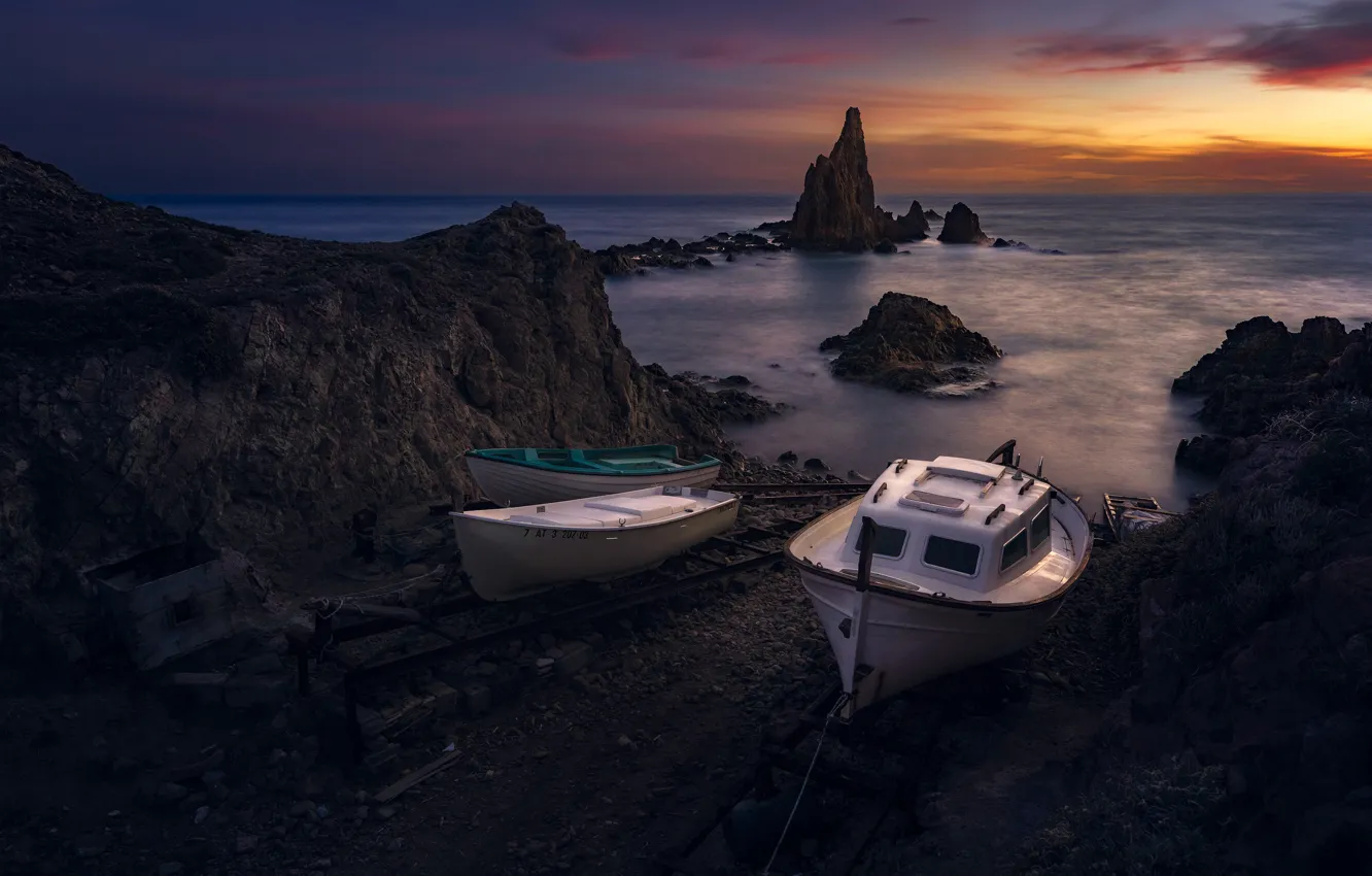 Photo wallpaper sea, sunset, rocks, shore, boat