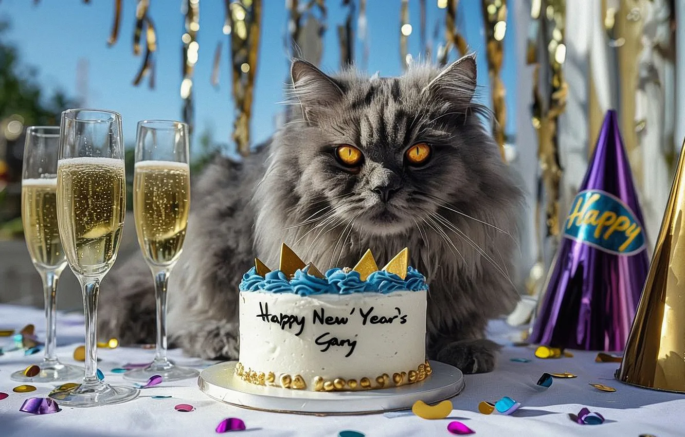 Photo wallpaper cat, New Year, cake, pussy, digital art, digital art, grey cat, 2025