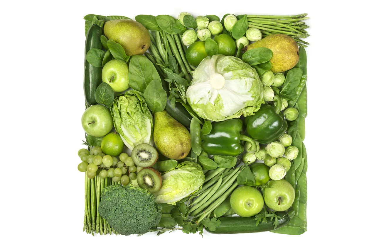 Photo wallpaper greens, creative, apples, kiwi, peas, white background, lime, pepper