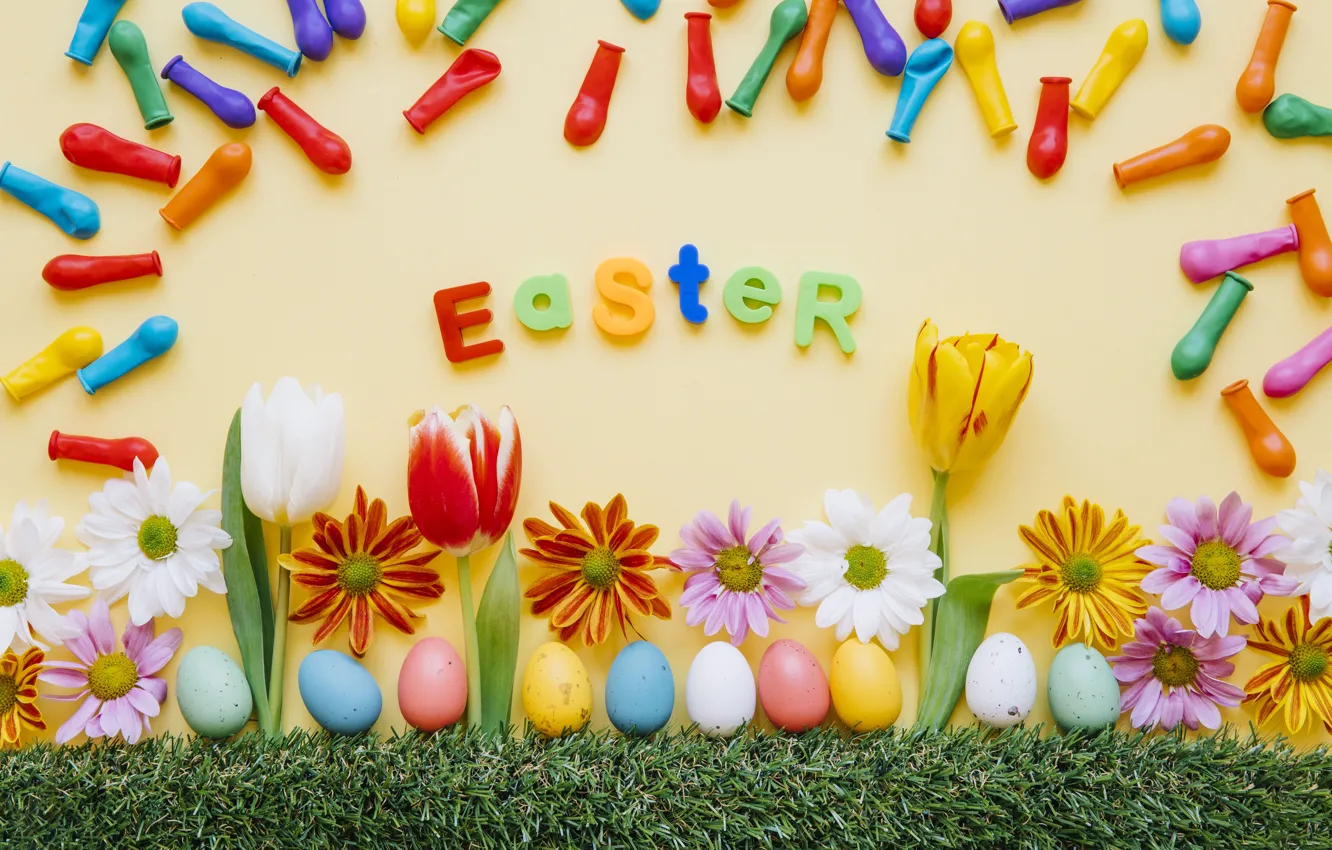 Photo wallpaper flowers, holiday, balls, eggs, Easter