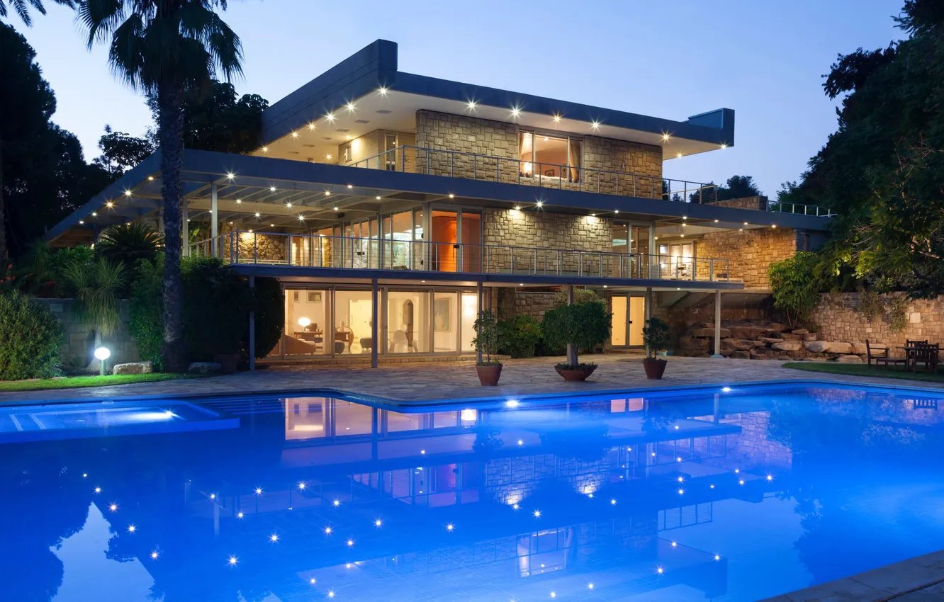 Photo wallpaper Villa, the evening, pool, lighting, architecture, terrace, villa East and West