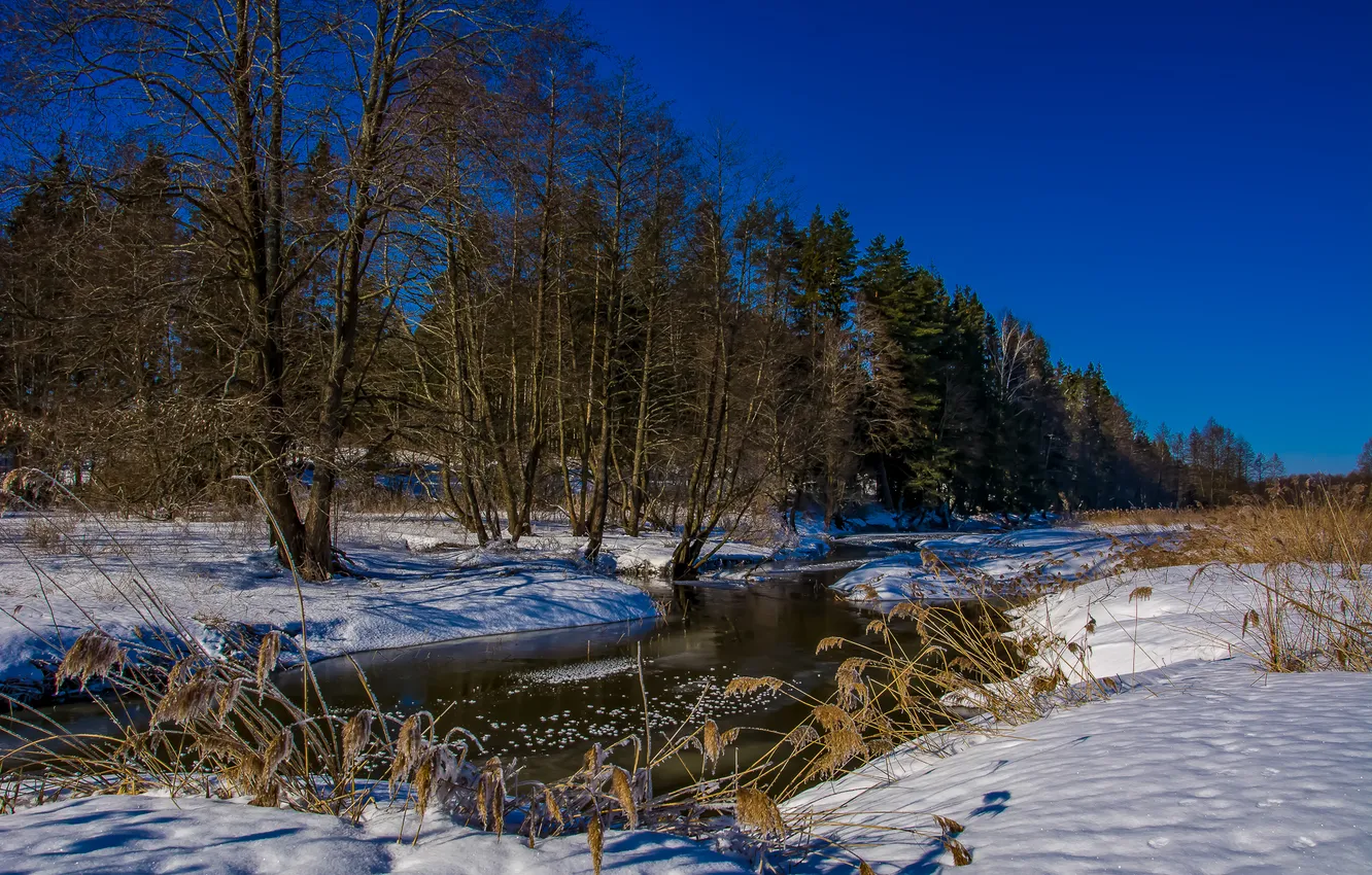 Photo wallpaper winter, snow, nature, river, Sunny day