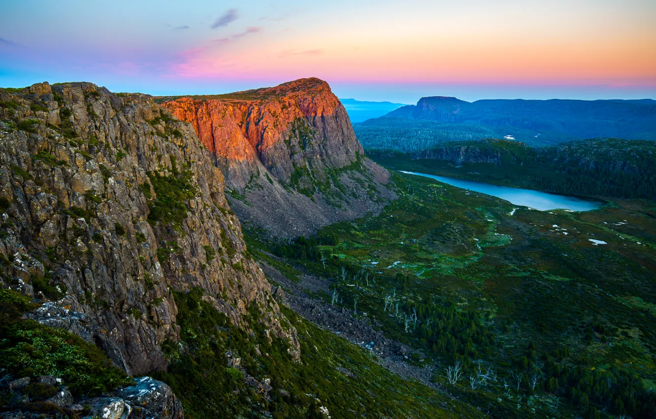 Photo wallpaper sunset, mountains, lake, rocks, Australia, King David Peak