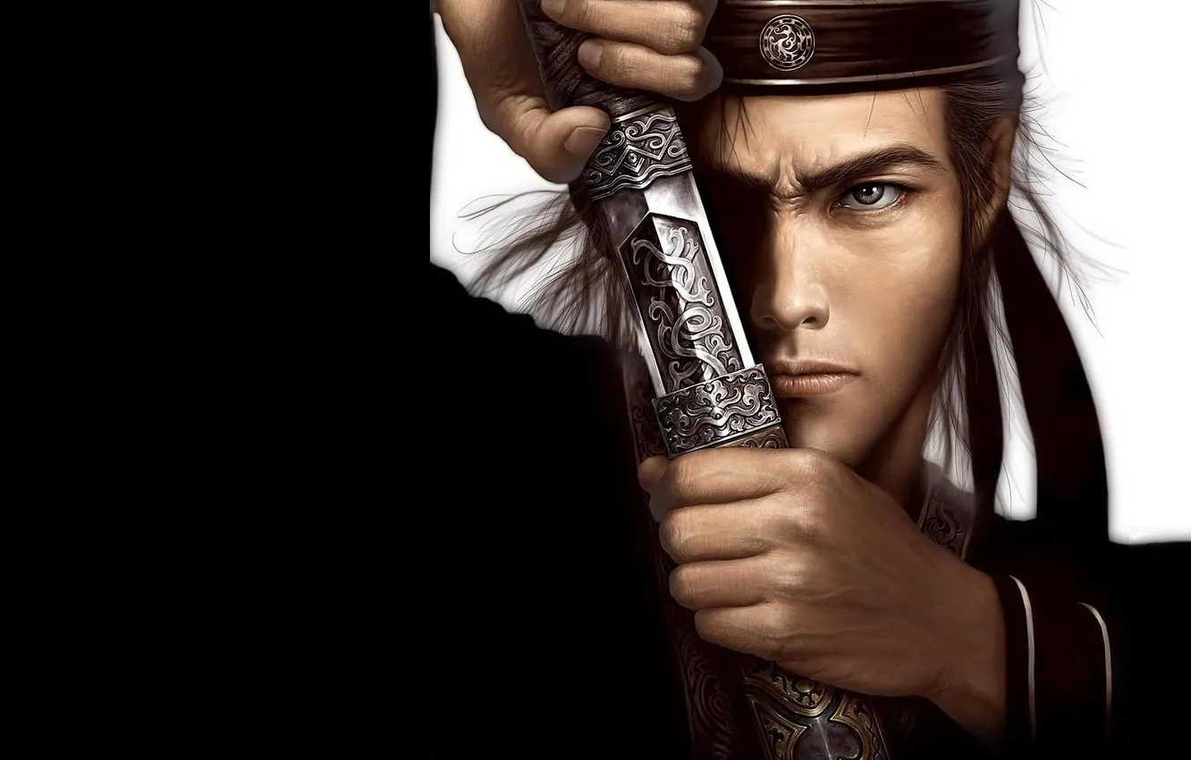 Photo wallpaper face, emblem, guy, the hilt of the sword, engraving, threatening look, Asian, bandage on forehead