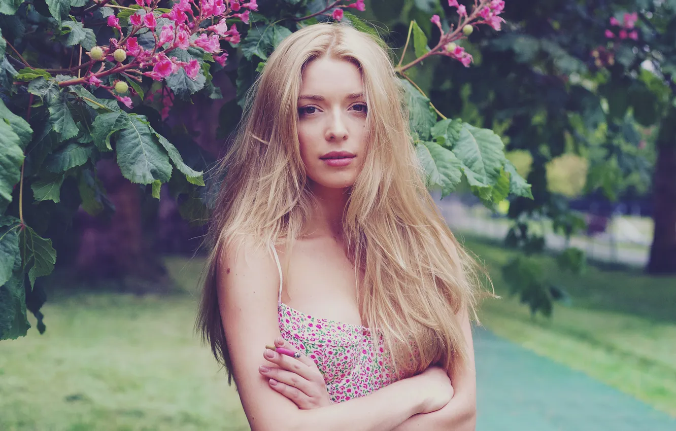 Photo wallpaper leaves, girl, trees, flowers, blonde