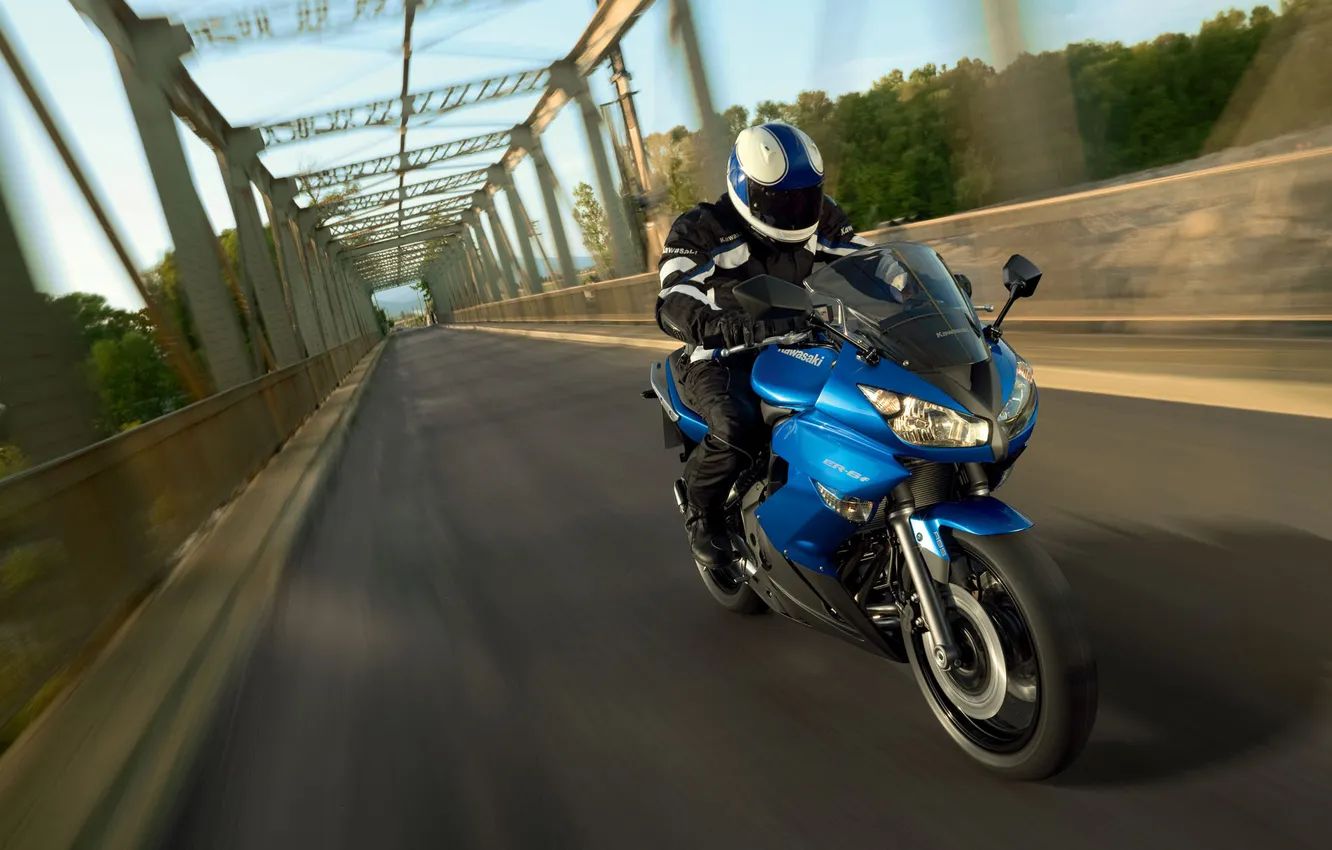 Photo wallpaper road, bridge, photo, motorcycle, Kawasaki, stories, Moto Wallpaper, he 6f