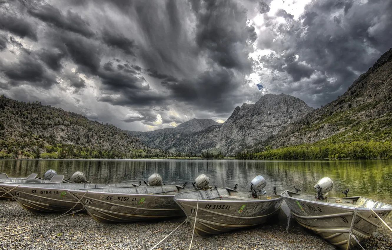 Photo wallpaper mountains, lake, boat